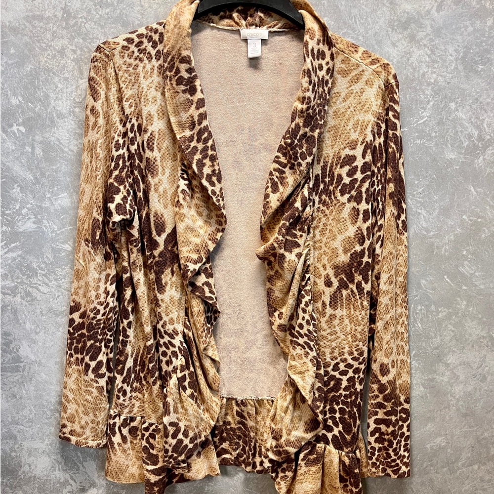Chico's Brown and Tan Cardigan with Animal Print